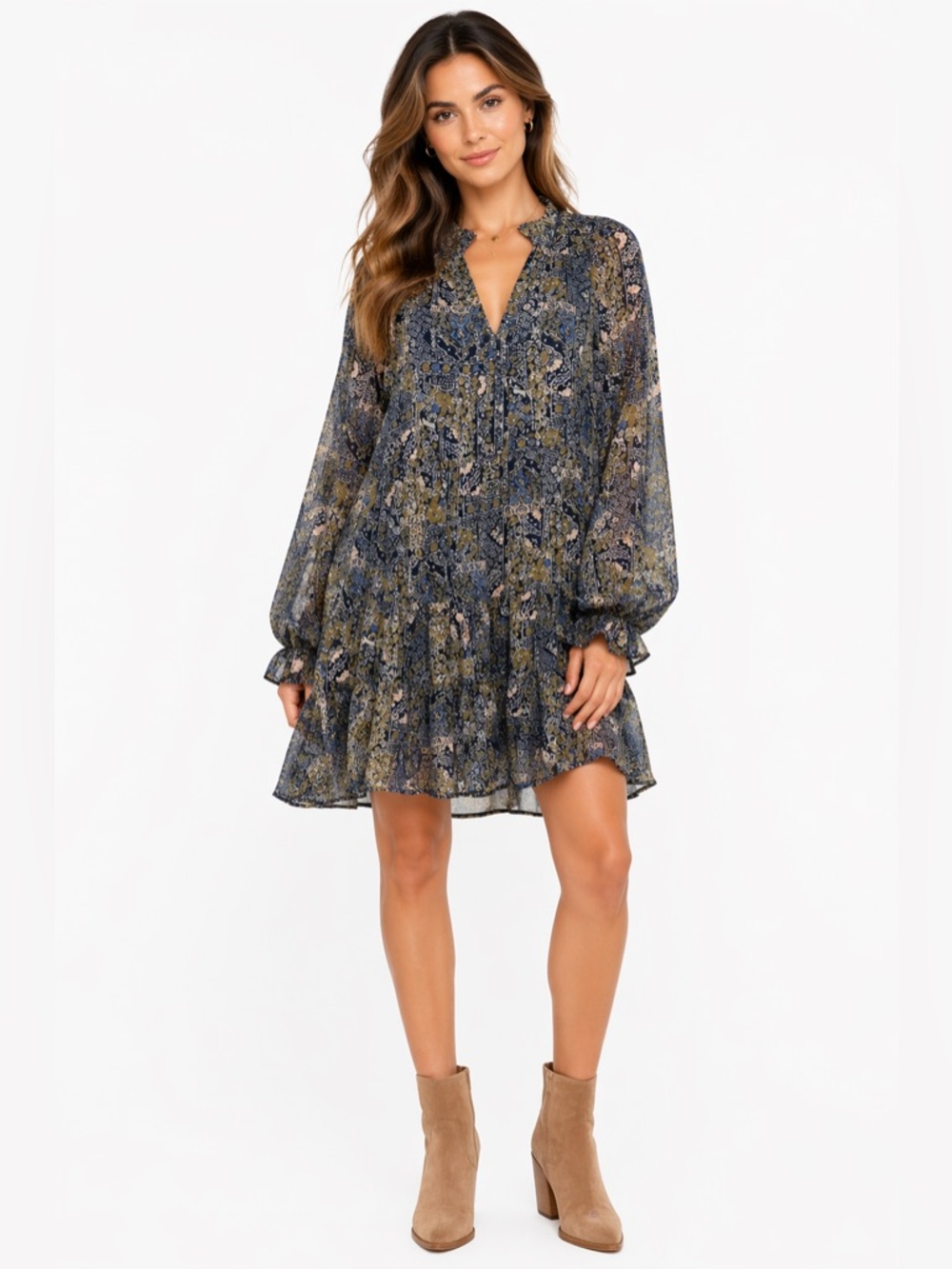 Karlie Size Small Oversized Long Sleeve Paisley Dress - Blue and Green